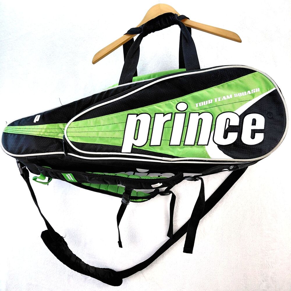 Prince Squash Racquet Bag Backpack Green White Large Tour Team Travel Zip Pocket